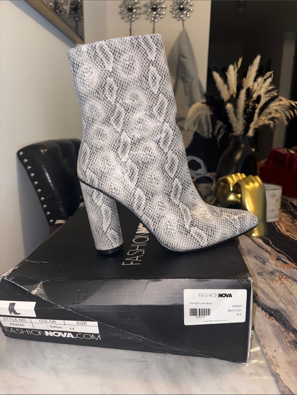 Fashion Nova White & Grey Snake Print Block Heel Booties